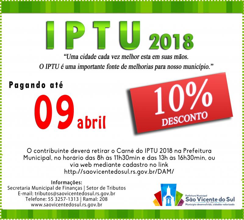 ATENÇÃO:  PAGAMENTO DO IPTU COM 10% DE DESCONTO ATÉ O DIA 9 DE ABRIL DE 2018