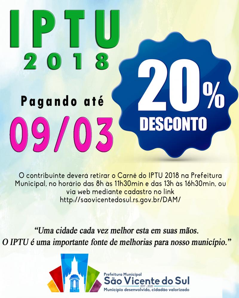 PAGAMENTO DO IPTU COM 20% DE DESCONTO ATÉ O DIA 9 DE MARÇO DE 2018