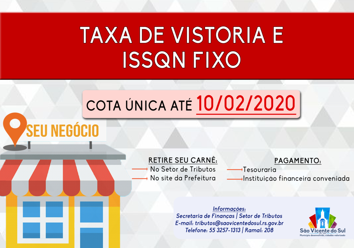 TAXA DE VISTORIA E ISSQN FIXO PARA O ANO DE 2020