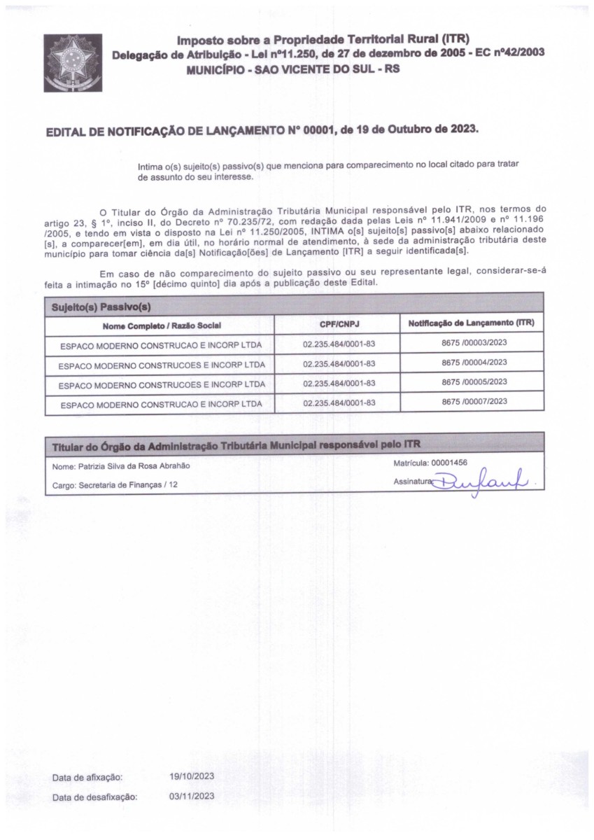 EDITAL DE NOTIFICAÇÃO DE LANÇAMENTO N° 00001/2023 E N° 00002/2023 ITR - IMPOSTO SOBRE A PROPRIEDADE TERRITORIAL RURAL