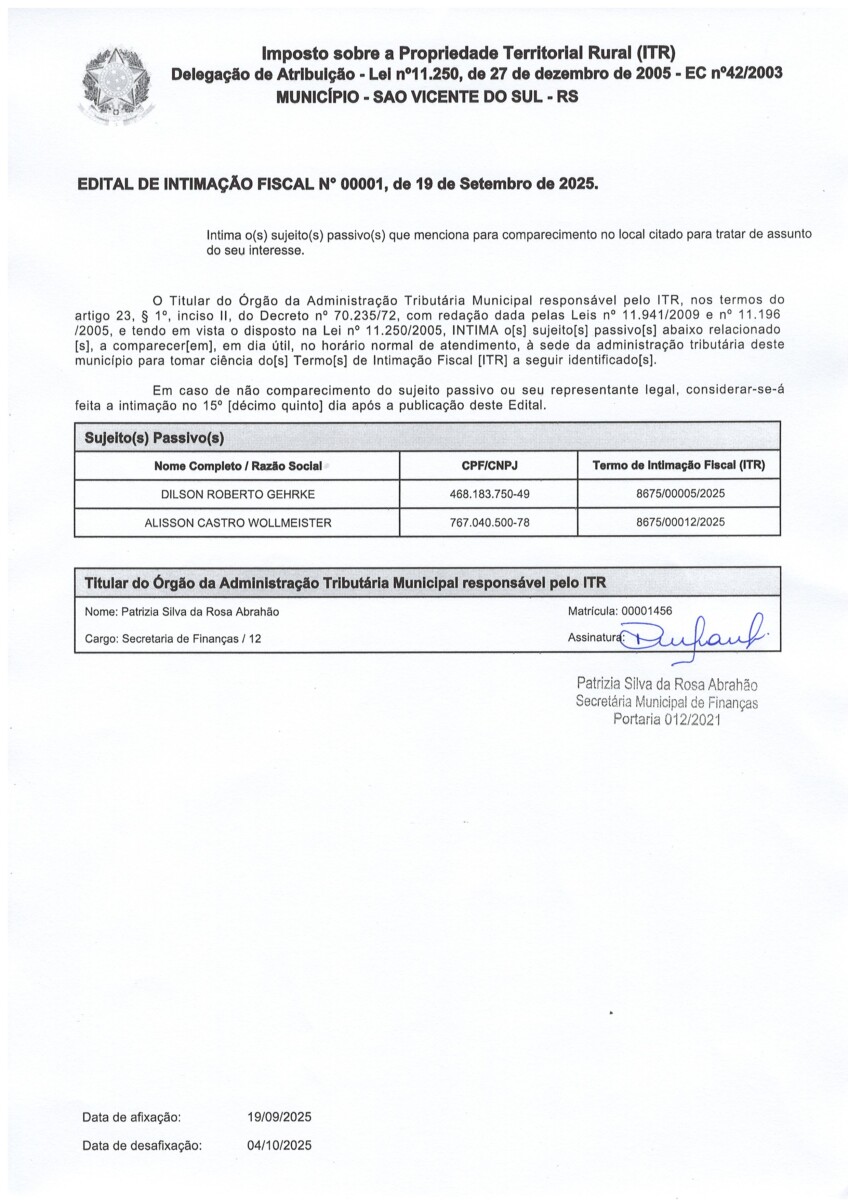 EDITAL DE INTIMAÇÃO FISCAL N° 01/2025 ITR - IMPOSTO SOBRE A PROPRIEDADE TERRITORIAL RURAL