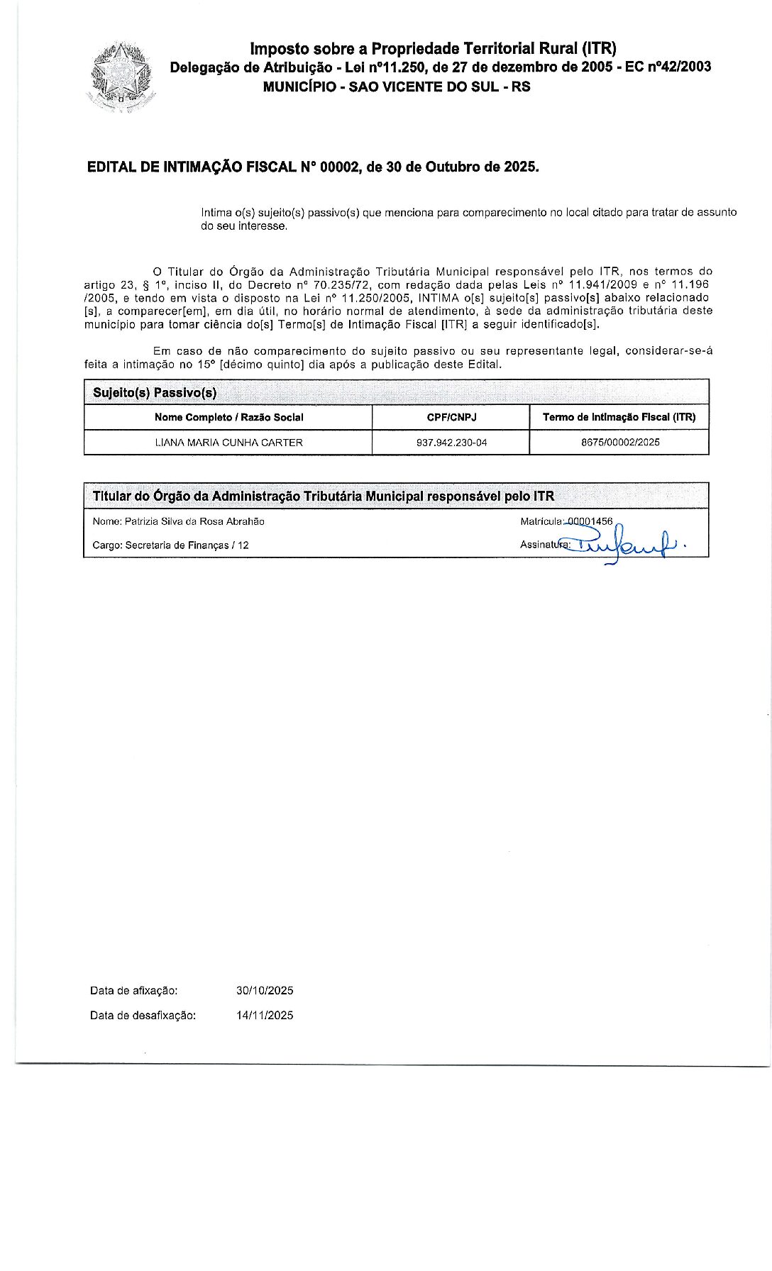 EDITAL DE INTIMAÇÃO FISCAL N° 00002/2025 ITR - IMPOSTO SOBRE A PROPRIEDADE TERRITORIAL RURAL
